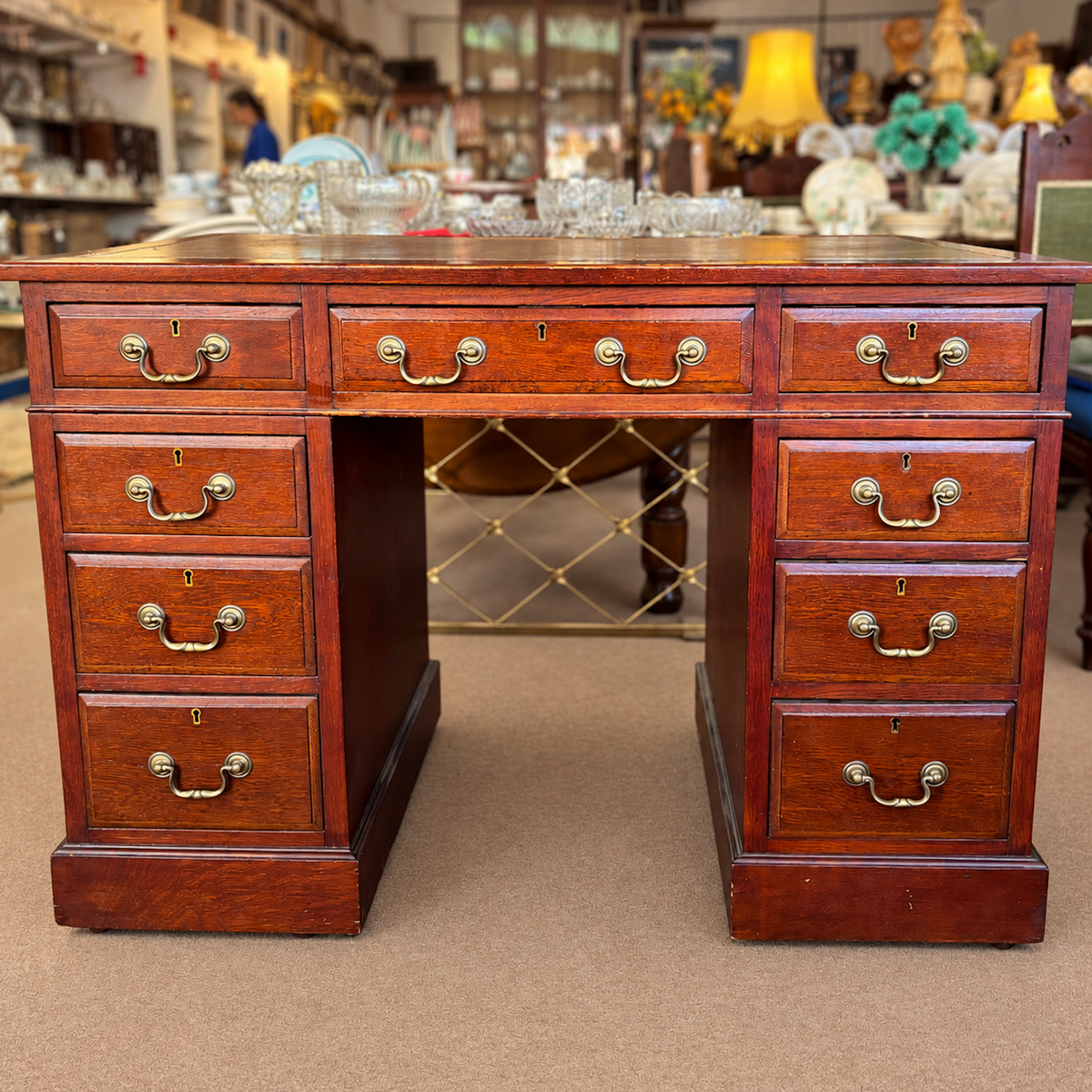 Small Oak Twin Pedestal Desk with Leather Inset Top