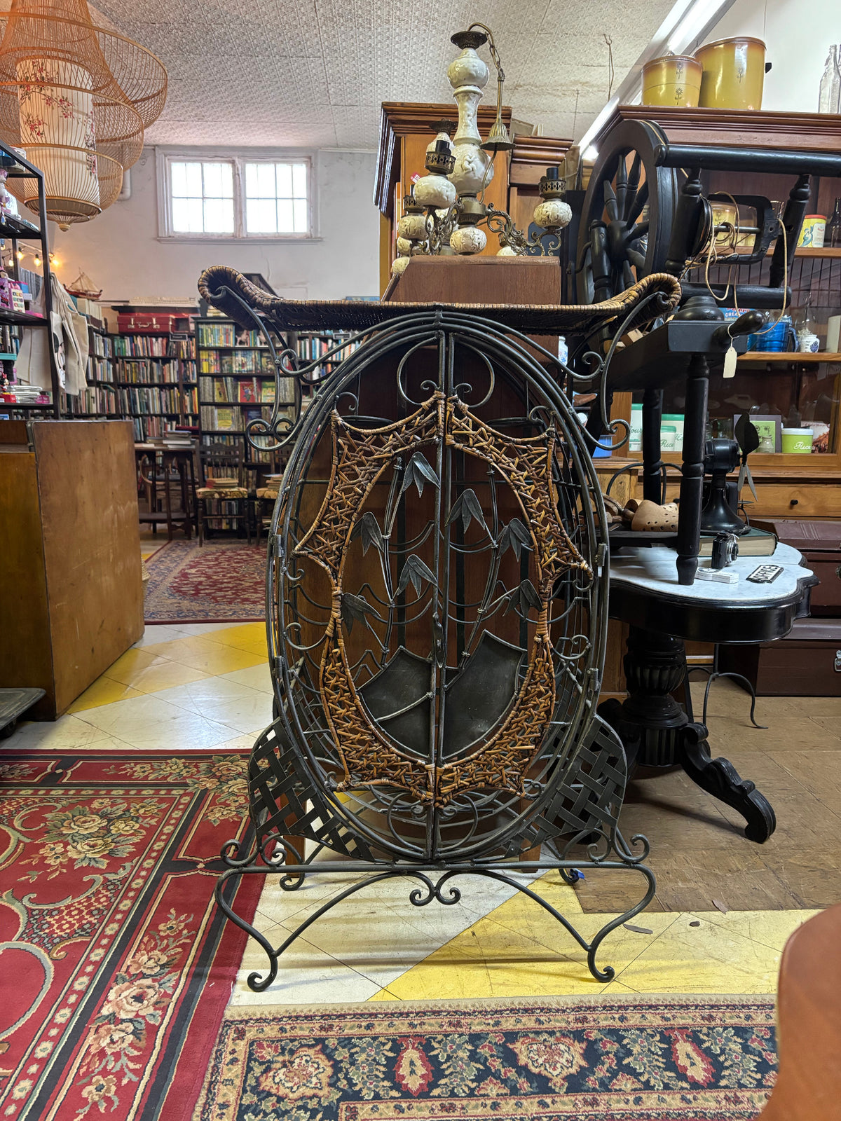 Decorative Wrought Iron & Wicker Wine Cabinet with Bottle Rack