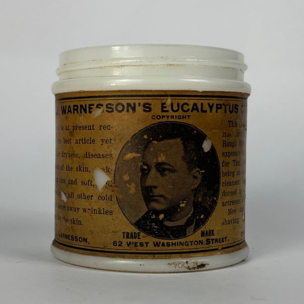 Prof. J. Warnesson's Eucalyptus Cold Cream antique milk glass jar front view
