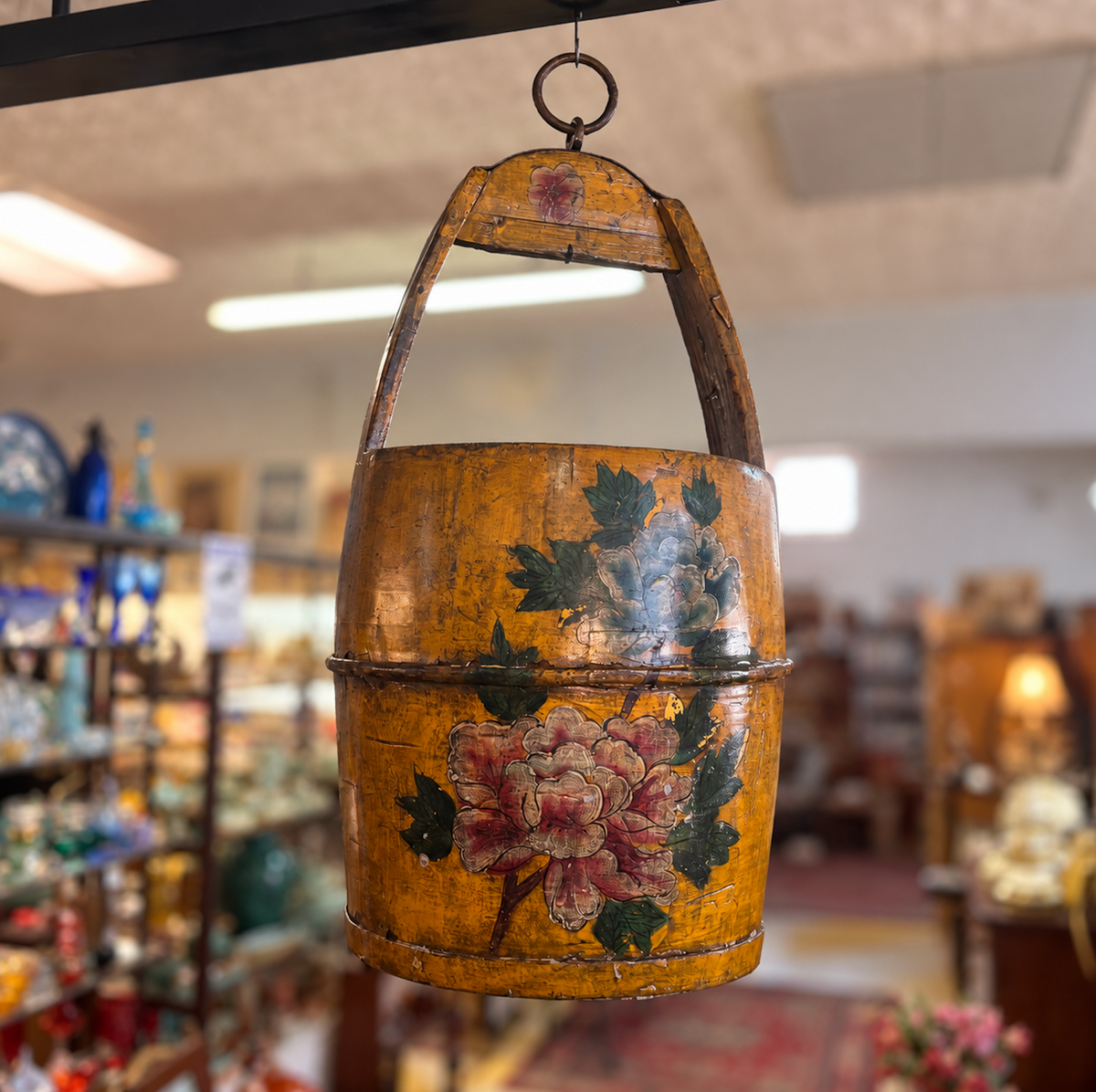 Vintage Chinese painted wooden wedding basket
