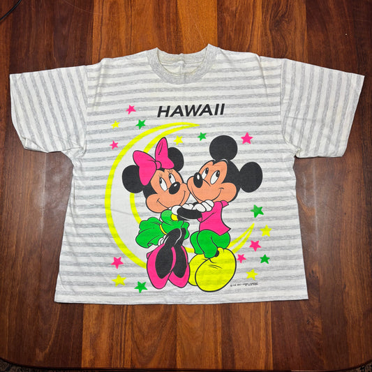 Vintage Mickey and Minnie Hawaii grey stripe T-shirt front
