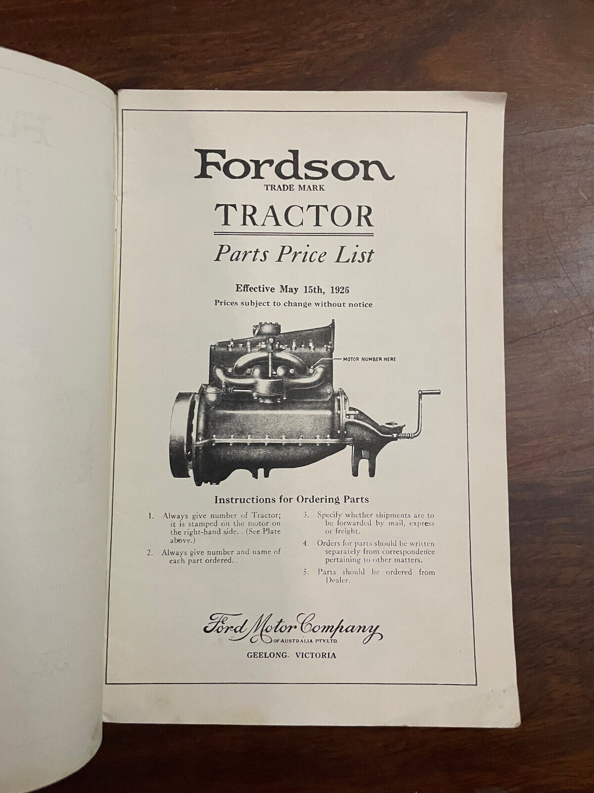 Original Fordson Tractor 1926 parts price list manual/paperback