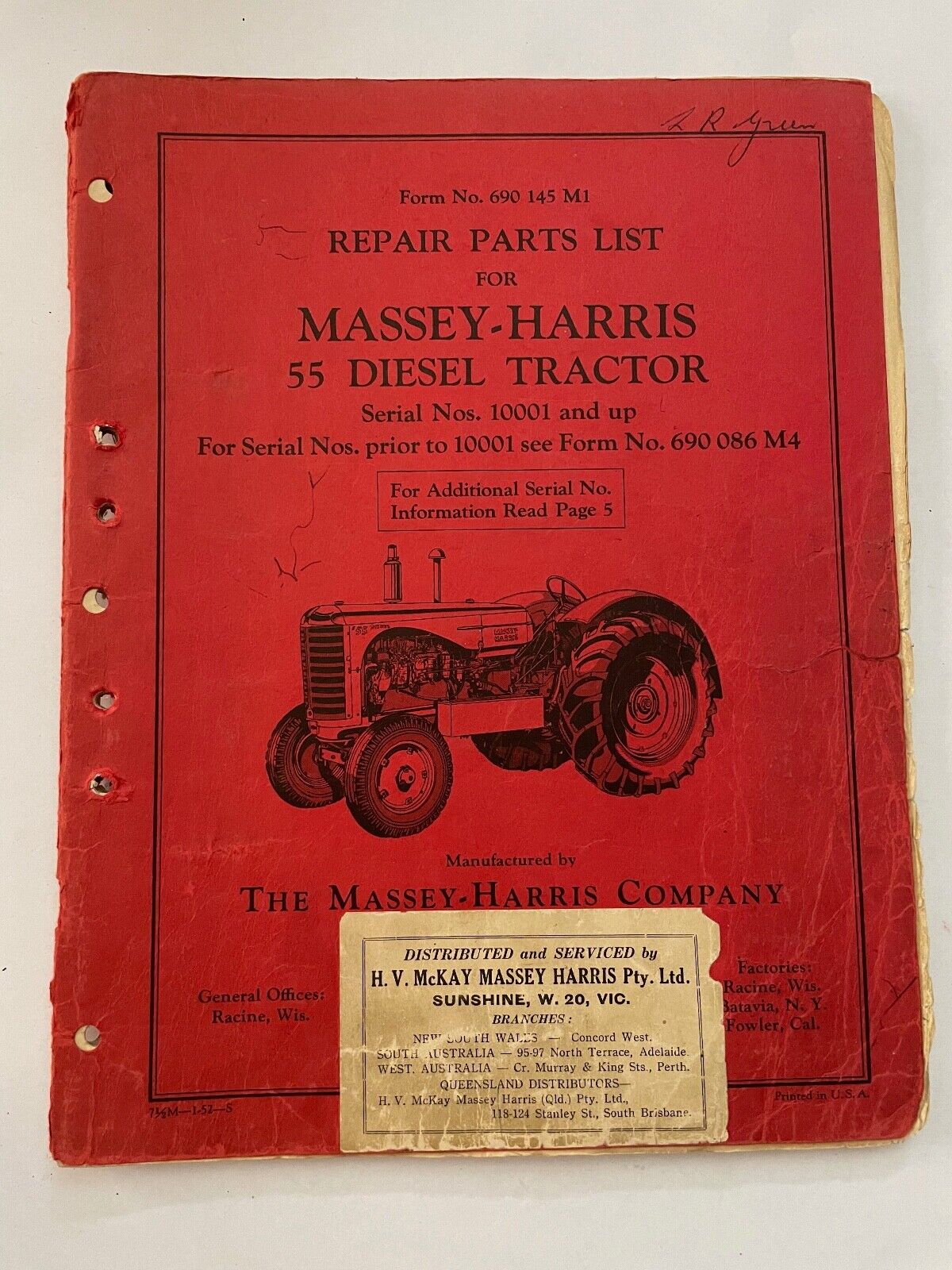 MASSEYHARRIS 55 DIESEL TRACTOR PARTS LIST Northam Secondhand