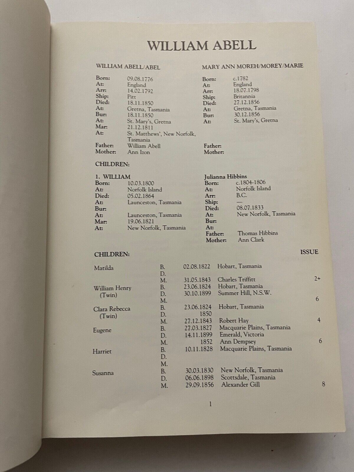 A Register of Pioneer Families Volume 1 (Hardback)