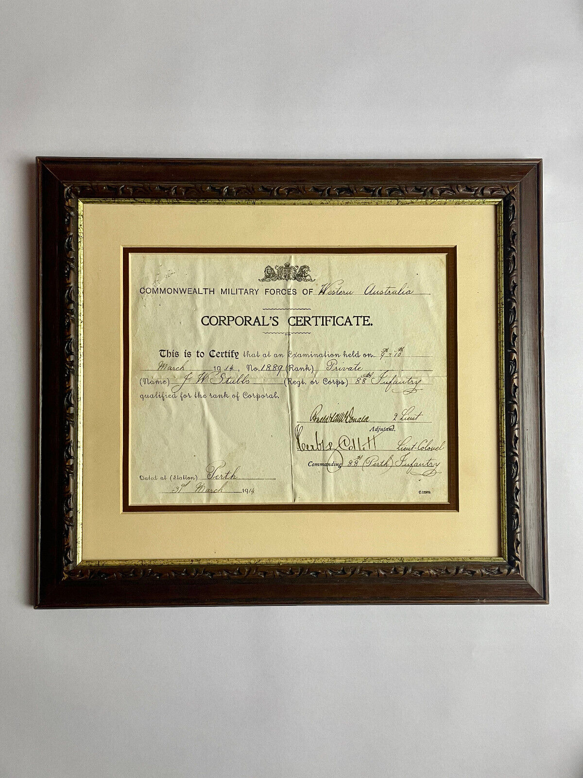 Original Framed WWI Australian Army Corporal's Certificate