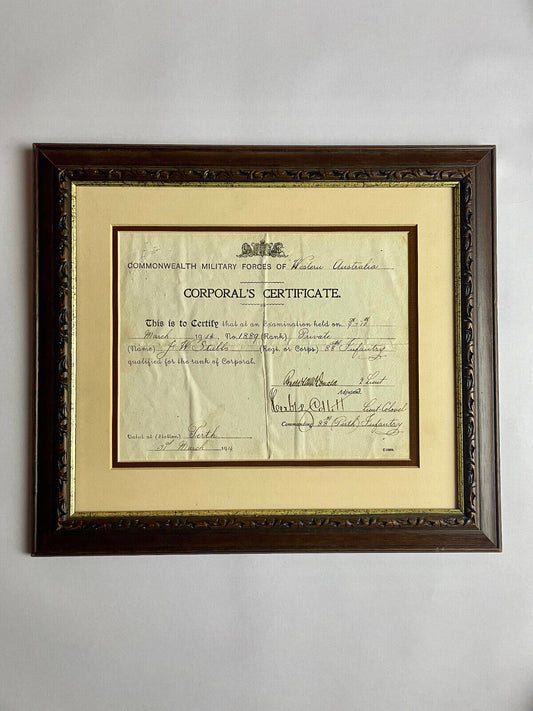 Original Framed WWI Australian Army Corporal's Certificate