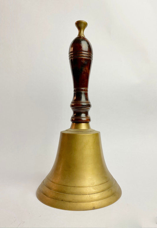 Large Vintage Brass Hand Bell Timber Handle School Choir Teacher Fire