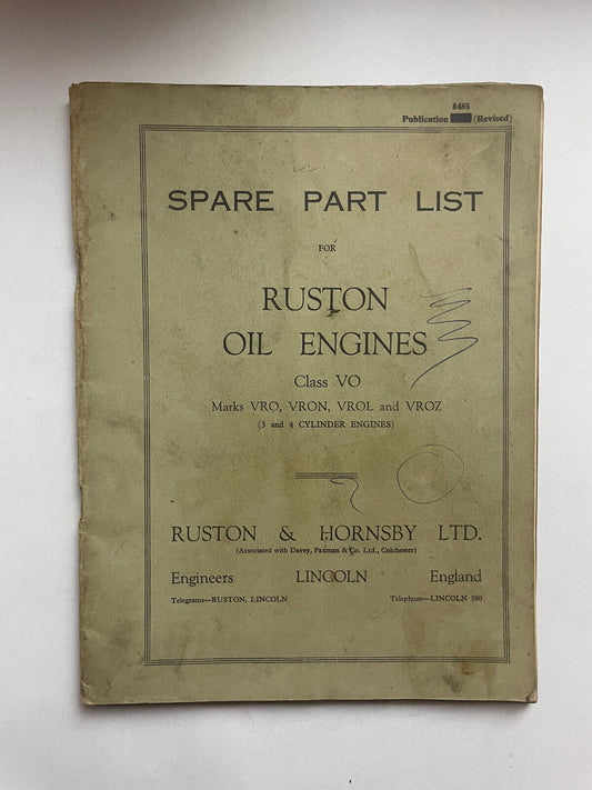 Ruston & Hornsby Oil Engine - Class VO  Marks VRO VRON VROL VROZ Parts Manual