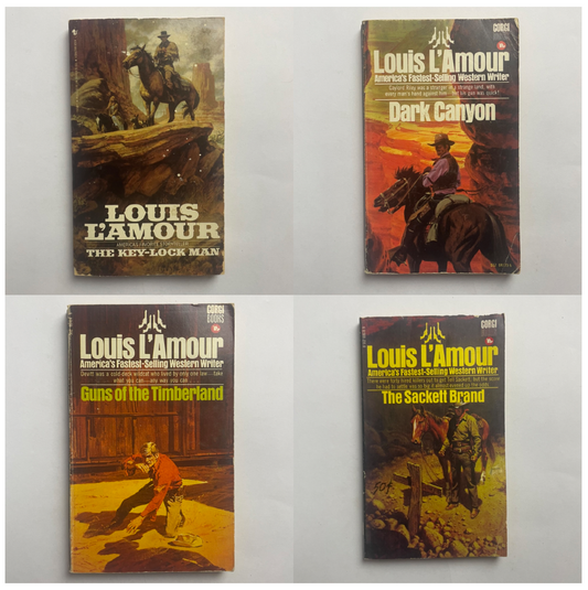 Four Vintage Louis L'Amour Western Paperbacks Dark Canyon, Key Lock Man, Sackett