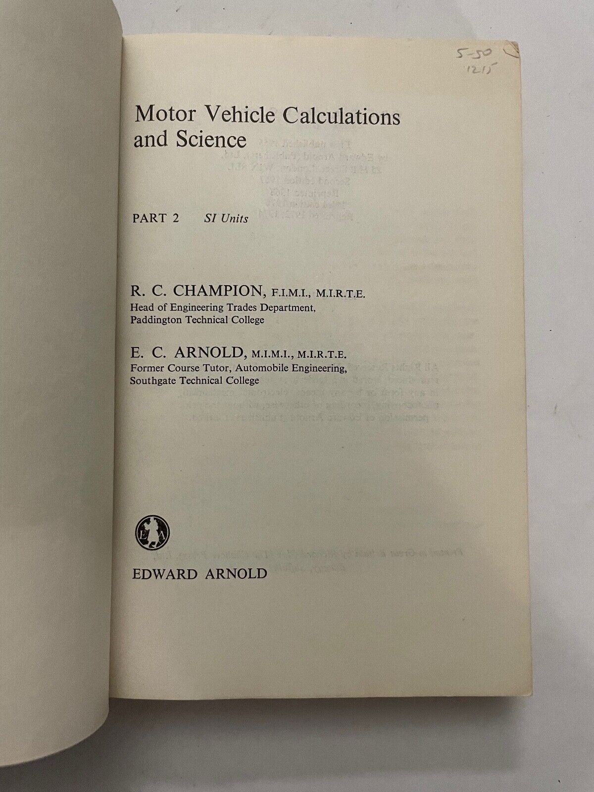Motor vehicle calculations and science by Champion & Arnold 3rd edition