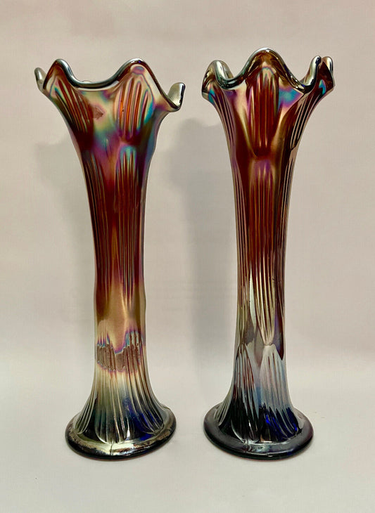 Pair of Plum Marigold Carnival Glass Vases