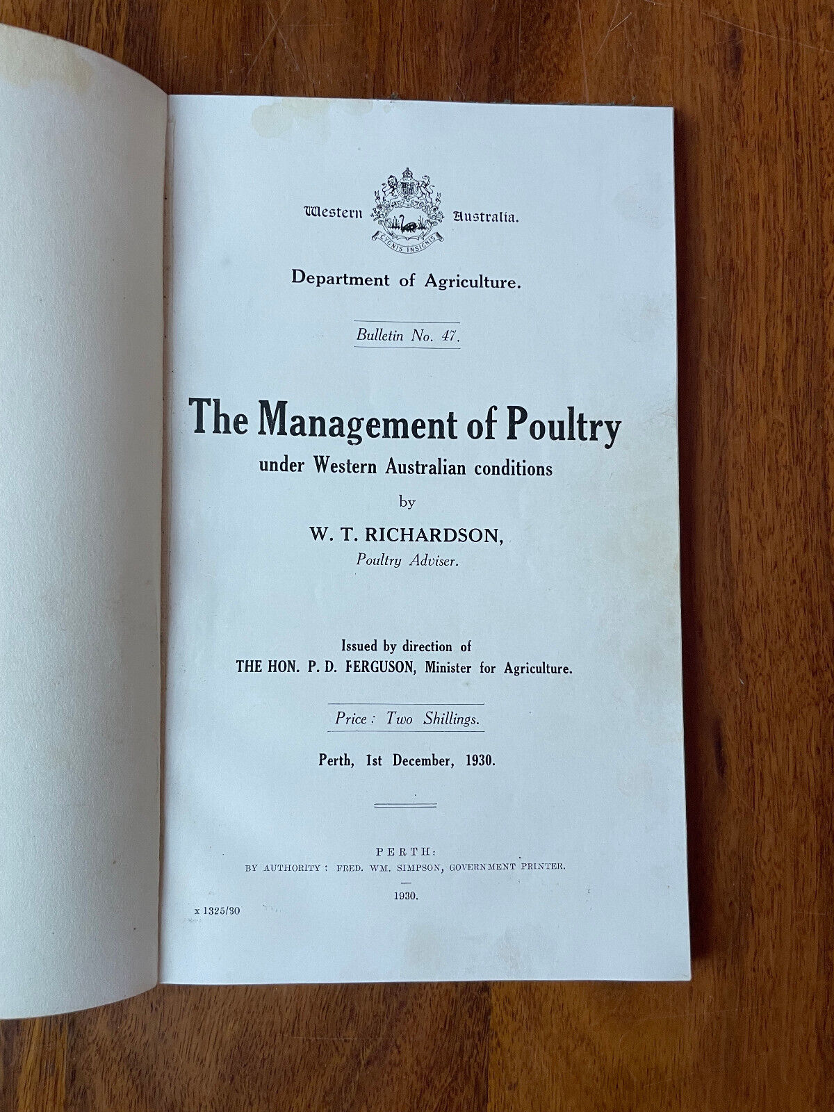 The Management of Poultry under Western Australian conditions. Richardson, W.T.